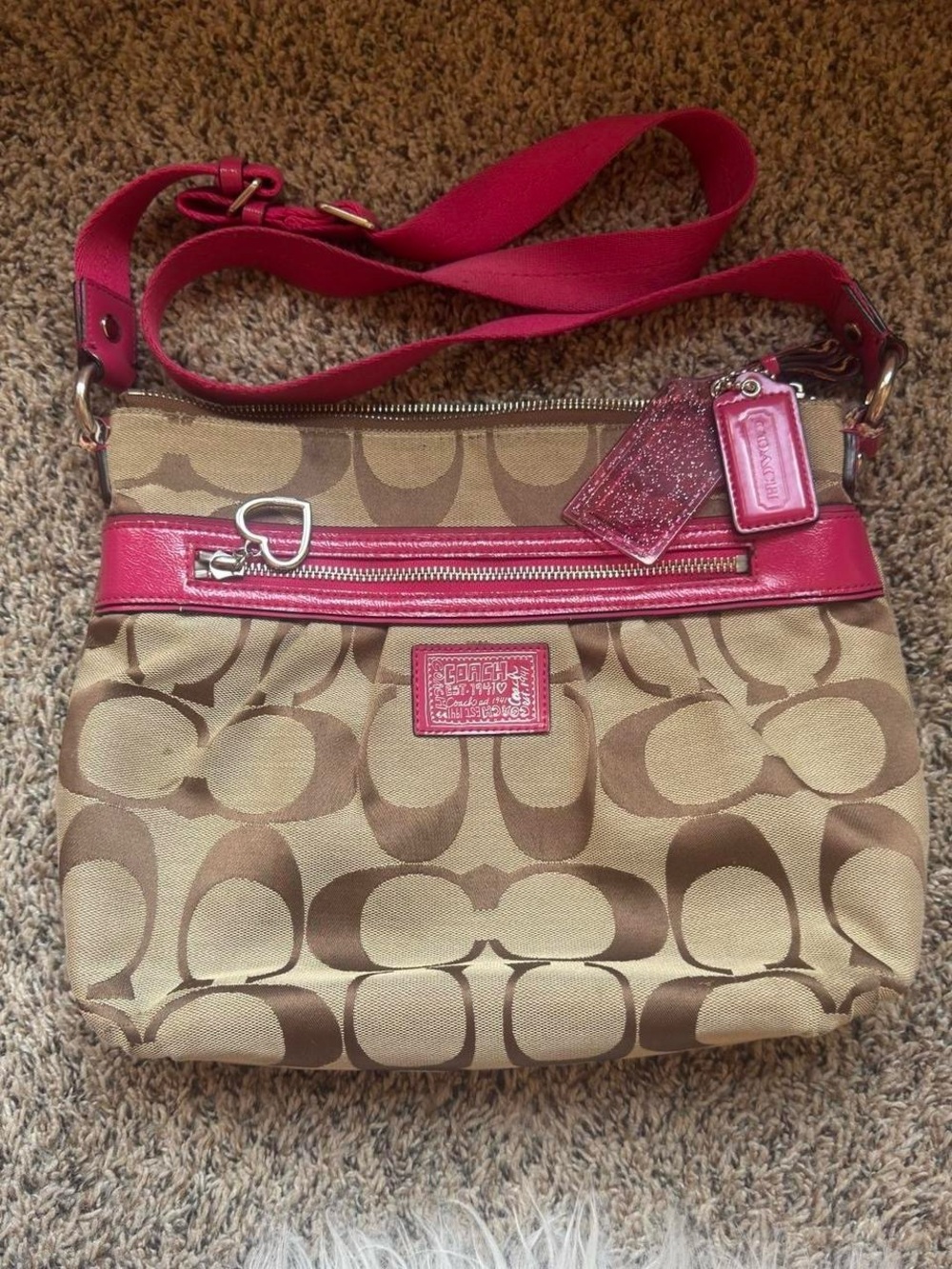 Coach Tan Signature Canvas Crossbody with Pink Trim and Strap